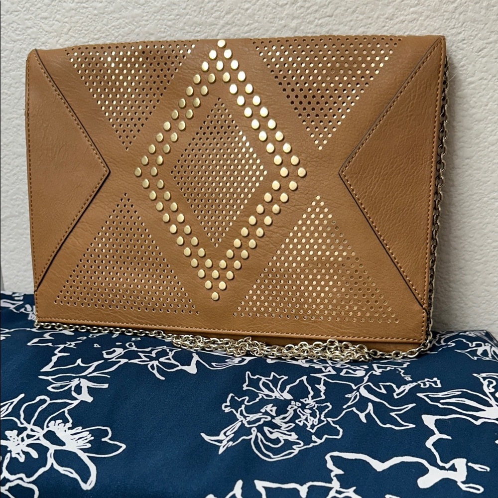 INC International Concepts Tan Clutch with Gold Studs